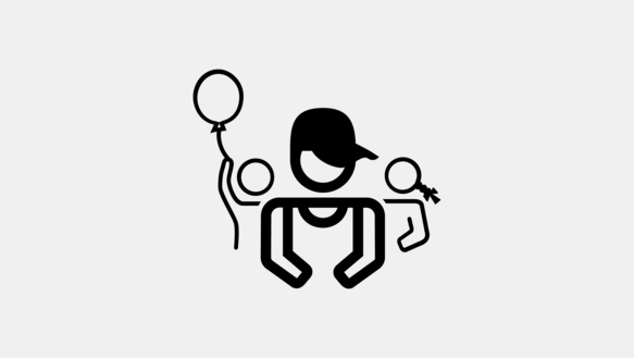 Zeichnung dreier Kinderfiguren mit Kappe und Luftballon