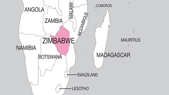 Eine Landkarte von Teilen des afrikanischen Kontinents, Simbabwe ist farblich hervorgehoben