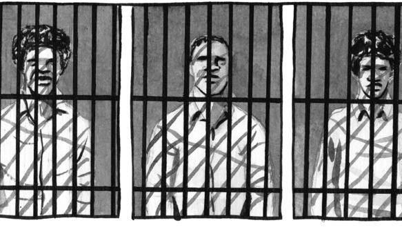 Zeichnungen dreier Menschen hinter Gefängnisgittern