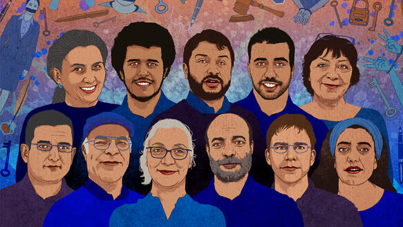 Zeichnung von einer Gruppe aus 11 Personen in blauer Kleidung
