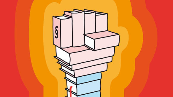 Zeichnung einer Faust, die aus Gesetzesbüchern konstruiert ist, vor orange-rotem Hintergrund