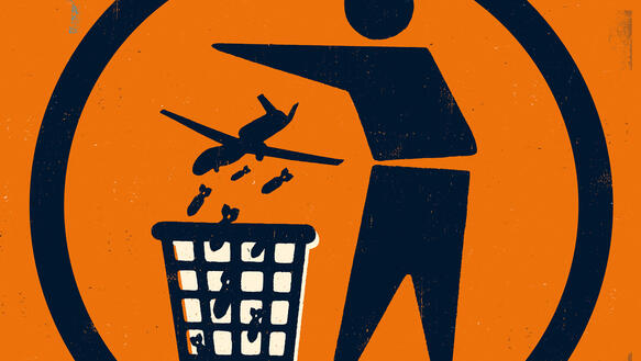 Zeichnung eines Männchens, das ein bombenwerfendes Flugzeug in den Müll wirft