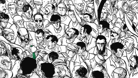 Szene aus Graphic Novel zeigt eine eng gedrängte Masse von Männern