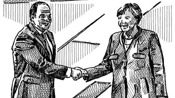Zeichnung von Präsident Sisi und Kanzlerin Merkel, die sich die Hände schütteln