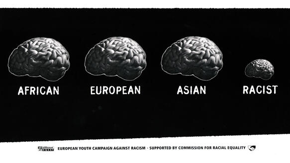 Bilder von drei gleich großen und einem kleinen Gehirn, darunter steht African, European, Asian und Racist