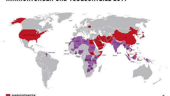 Weltkarte, in der Staaten mit Hinrichtungen im Jahr 2017 rot eingefärbt und Staaten mit verhängten Todesurteilen im Jahr 2017 lila eingefärbt sind