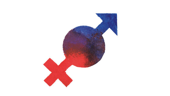 Eine Grafik auf der das Symbol des weiblichen Geschlechts und des männlichen Geschlechts miteinander verbunden sind. Die Farben Rot und Blau laufen dabei ineinander und werden zu Violet.