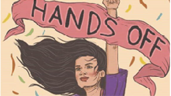 Zeichnung einer Frau in einem lila Shirt, die ein Megaphon um die Schulter gehängt hat, ihre linke Hand zur Faust hoch hält und ein Banner hinter sich hat, auf dem "Hands off" steht