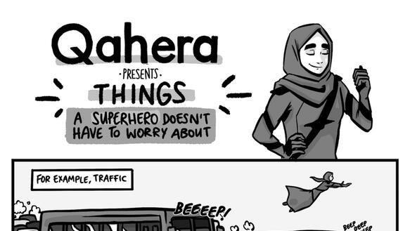 Ein schwarz-weißer Comic mit der Superheldin Qahera