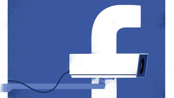 Verfremdetes Logo des Konzerns Facebook, bei dem der Querstrich im Buchstaben "F" durch eine Kamera ersetzt wurde.