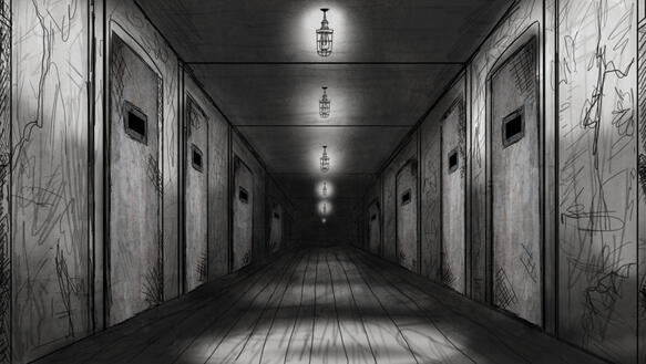 Eine dunkle Graphik eines Gefängniskorridors. Mehrere Zellen befinden sich nebeneinander und werden im Hintergrund des Bildes immer kleiner.