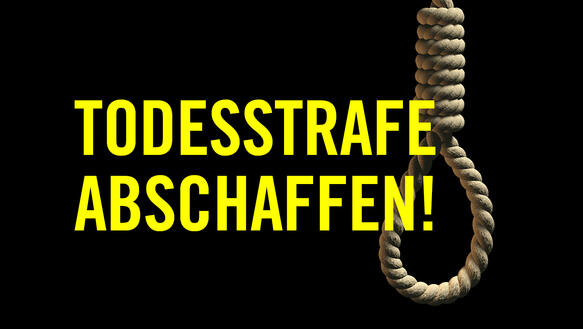 Strick auf schwarzem Hintergrund mit gelber Schrift: Todesstrafe abschaffen!
