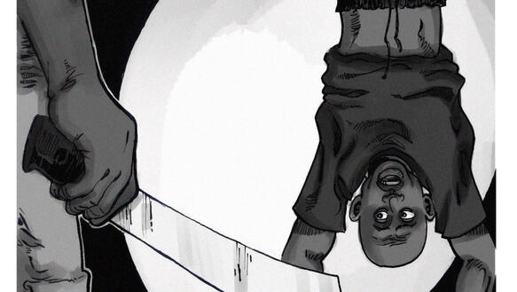 Schwarz-weiß Illustration. Im Hintergrund hängt an den Füßen ein Mann, im Vordergrung sieht man den Arm eines anderen Mannes mit einer Machete