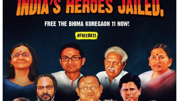 Ein Poster zeigt verschiedene Menschen, darüber der Schriftzug "India's Heroes Jailed"Poster für die Freilassung der Bhima Koregaon 11 mit deren gezeichneten Portraits