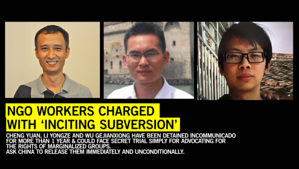 Porträtfotos von drei Mänern, darunter die Titelzeile: "NGO Workers Charged With 'Inciting Subversion'"