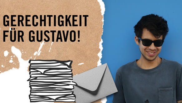 Portät von Gustavo Gatica + grafische Elemente (Briefumschlag, Postkarte, Megaphon) + Schrift: Gerechtigkeit für Gustavo!