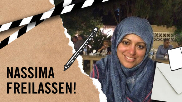 Portät von Nassima el-Sada + grafische Elemente (Briefumschlag, Postkarte, Stift) + Schrift: Nassima freilassen!