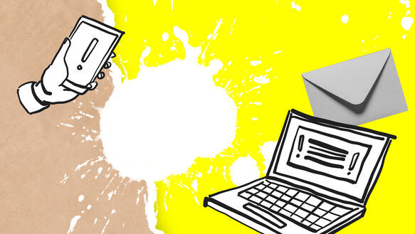 Grafische Elemente auf gelbem Hintergrund: ein Pappkarton-Streifen, ein weißer Farbfleck, ein Briefumschlag, die Zeichnung von einer Hand mit Smartphone und die Zeichnung von einem Laptop