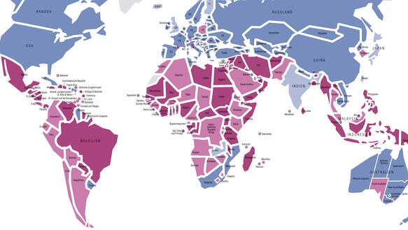 Eine Weltkarte, auf der  verschiedene Länder in unterschiedlichen Farben dargestellt werden: Es geht um Abtreibung, die entweder illegal (lila), legal (blau) oder eingeschränkt (hellere Farbtöne) ist. 