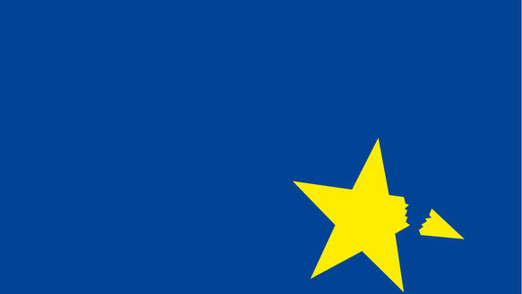 Auf einem blauen Hintergrund ist ein gelber EU-Stern abgebildet, von dem ein Zacken abgebrochen ist.
