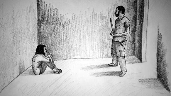 Grafik einer Gefängniszelle, in der eine Person auf dem Boden kauert, während eine andere Person mit einem Schlagstock gegenüber steht.