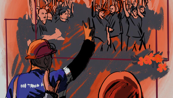 Illustration auf rotem Hintergrund. Im Vordergrund ist der Rücken eines Arbeiter gezeichnet. Im Hintergrund mehrere Personen bei einer Demonstration.