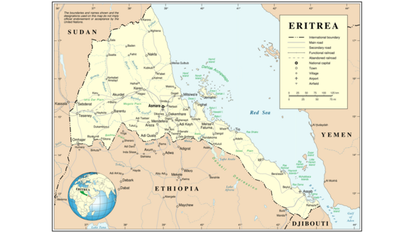 Geographische Karte des Landes Eritrea in Gelb
