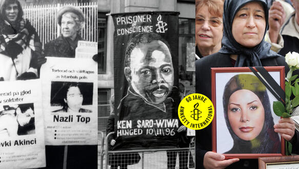 Drei Fotos aus verschiedenen Jahrzehnten (grau, sepia, bunt), auf denen jeweils Personen Plakate hochhalten, auf denen wiederum Porträts abgebildet sind + ein gelber Kreis mit Amnesty-Logo und Schrift "60 Jahre Amnesty International"