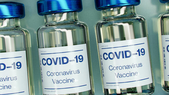Das Bild zeigt eine Nahaufnahmen von vier Fläschchen mit Impfstoff gegen das Coronavirus.