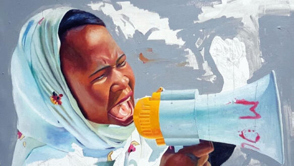Gemälde einer schwarzen Frau mit Kopftuch, die mit geschlossenen Augen in ein Megafon ruft.