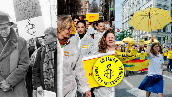 Drei Fotos aus verschiedenen Jahrzehnten (grau, sepia, bunt), auf denen jeweils Amnesty-Aktivist_innen demonstrieren + ein gelber Kreis mit Amnesty-Logo und Schrift "60 Jahre Amnesty International"