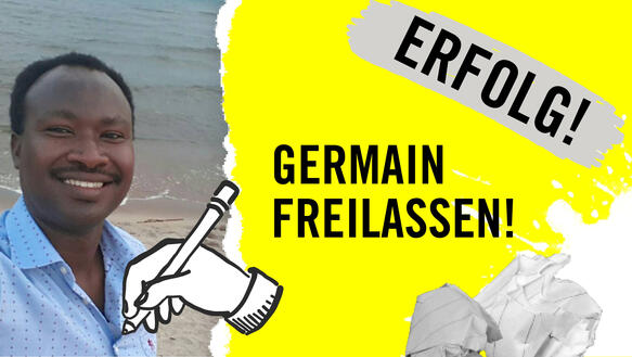 Portät von Germain Rukuki + grafische Elemente (Hand mit Kugelschreiber) + Schrift: Germain freilassen! + Erfolg!