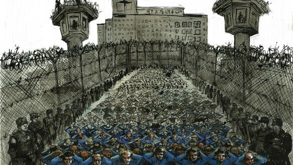Illustration hunderter Gefangener in blauer Kleidung, die mit verschränkten Händen auf dem Boden knien. Sie sind umringt von bewaffneten Männern, Gefängniszäunen und Überwachungstürmen.