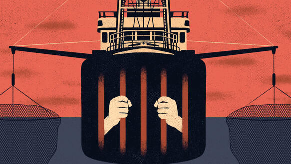 Zeichnung eines Schiffes, das seine Fangnetze auswirft; der Schiffsbauch ist symbolisch gemalt wie ein Gitter, aus dem Hände hervorragen und die Gitterstäbe umschließen.