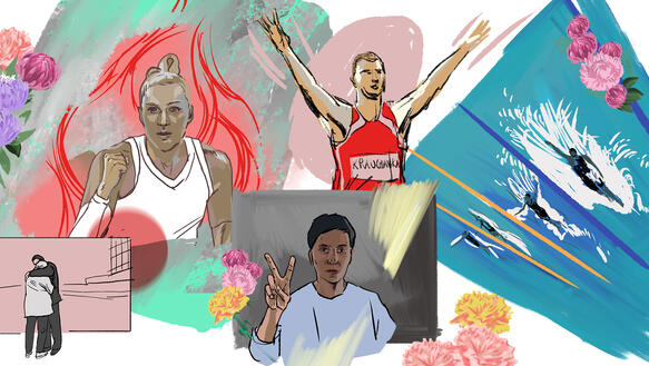 Das Bild zeigt eine farbige Collage, mit verschiedenen Sportler_innen