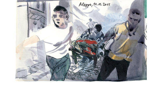 Zeichnerische Darstellung von zwei übereinander gemalten Szenen; in der oberen liegt jemand im Bett, daneben steht "Brüssel, 10.11.2015", darunter ist eine Szene, in der Männer jemanden, der blutet, auf einer Bahre über die Straße tragen, daneben steht "Aleppo, 10.11.2015".