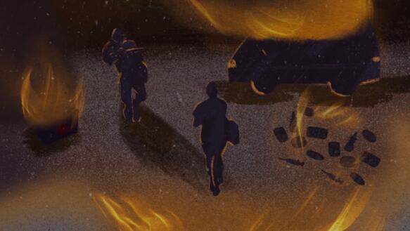 Die Illustration zeigt mehrere Personen, die zwischen einem brennenden Auto und brennenden Hilfslieferungen wie Medikamenten stehen.