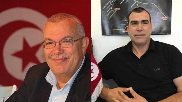 Das Bild zeigt eine Collage aus zwei Fotos: Links ein Mann mit Brille vor der tunesischen Nationalflagge (gelb/weiß), rechts ein Mann mit kurzen dunkelbraunen Haaren