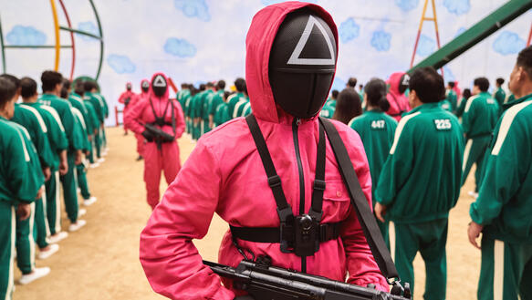 Eine Person in einem roten Overall mit einer schwarzen Maske im Gesicht, auf der ein Dreieck abgebildet ist, bewacht mit einem Gewehr in den Händen eine Gruppe von Menschen in Trainingsanzügen, die in Reih und Glied stehen.