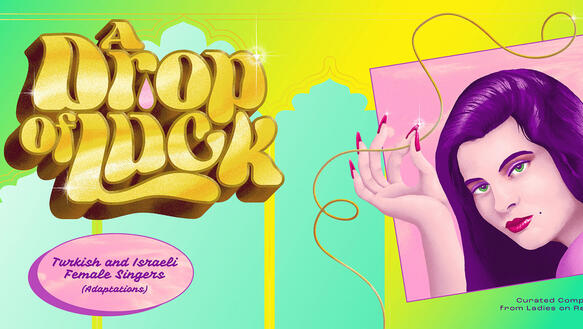 Ein Flyer illustriert den Schriftzug "A Drop Of Luck" und das Seitenprofil einer Frau mit langen Haaren, die ihre rechte Hand hochhält und dabei Daumen und Zeigefinger zusammenpresst.