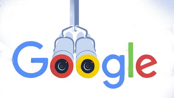 Das Bild zeigt eine Illustration des farbigen Schriftzugs von Google, hinter den beiden "O"s stehen Überwachungskameras