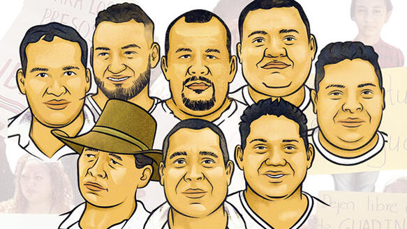 Das Bild zeigt eine Illustration mit acht Männer-Porträts