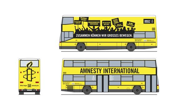 Das Bild zeigt die Skizze eines gelben Busses von der Seite und von vorne, darauf die Aufschrift: "Amnesty International"