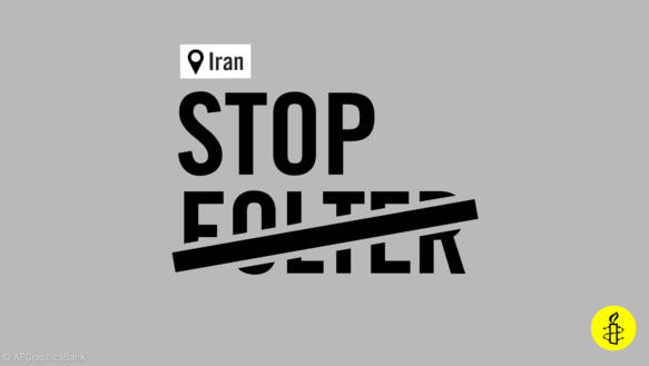 Schriftzug "Stop Folter", Folter dabei durchgestrichen