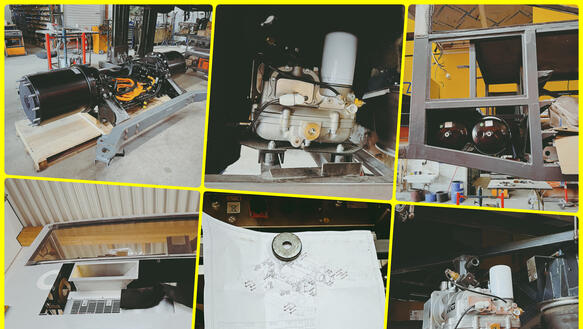 Das Bild zeigt eine Collage mit technischen Bauteilen und Elektronik für den Betrieb eines Busses