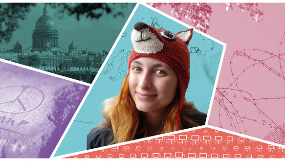 Collage aus mehreren Fotos, darunter ein Porträt von Aleksandra Skochilenko mit einer Fuchsmütze