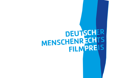 Das Bild zeigt das Logo des Menschenrechtsfilmpreis in blau und weiß