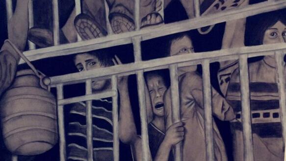 Das Bild zeigt eine Zeichnung mit mehreren Menschen, die sich hinter einem Gitter befinden und ängstlich schauen