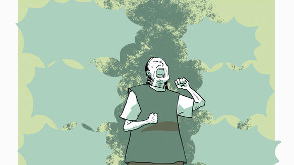 Eine Zeichnung im Comicstil, darauf eine Frau, die schreit und Fäuste dabei ballt, sie trägt einen Rock und ein langes Oberteil, beides kastenförmig.