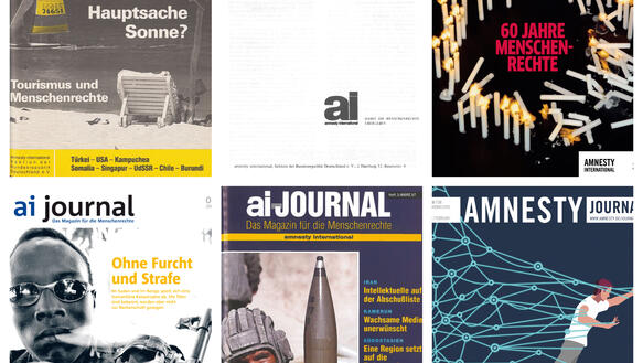 Sechs verschiedene Cover des deutschen Amnesty-Journals aus den letzten 50 Jahren.